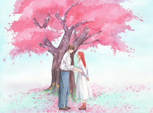 樱花树下一对小情侣
